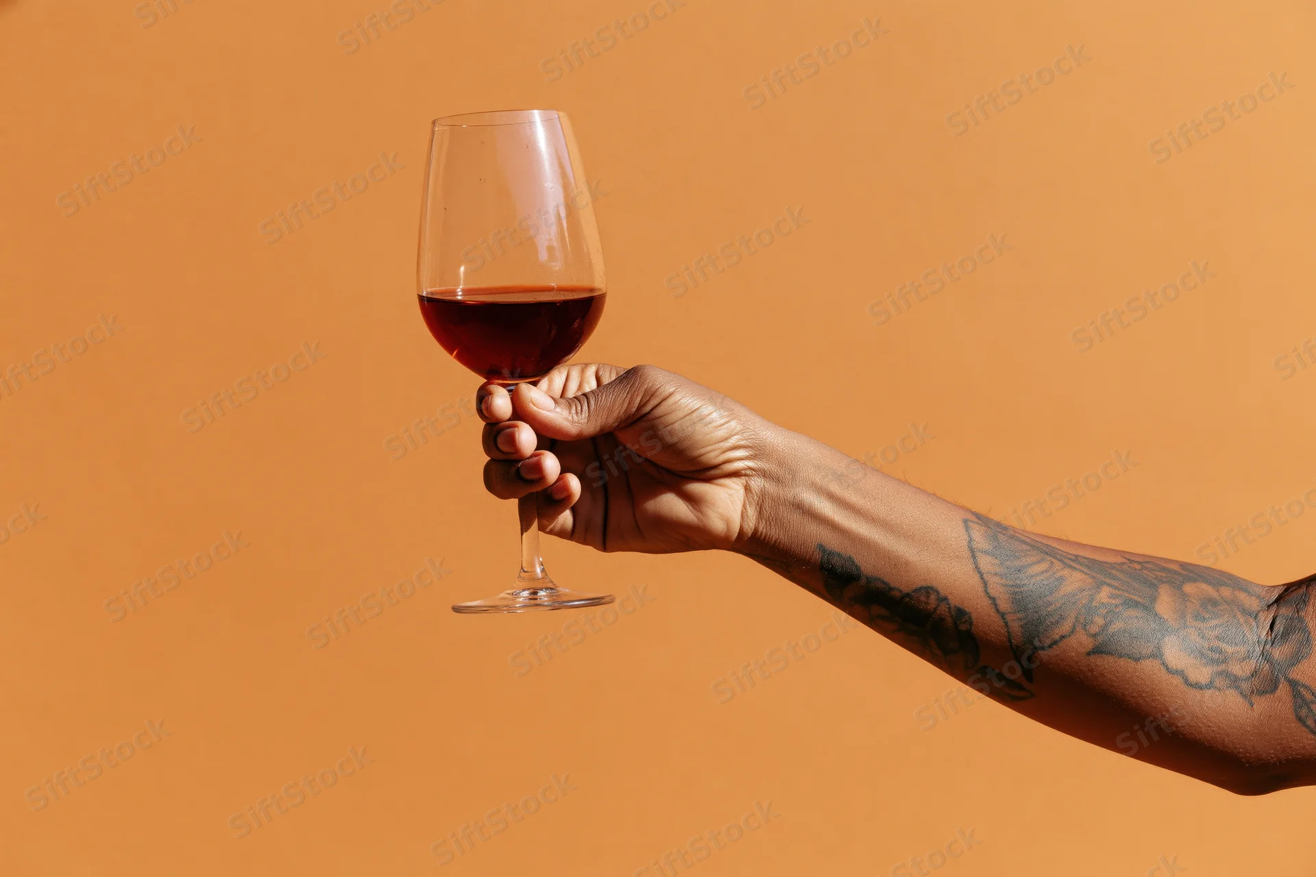 Tattooed hand holding a glass of red wine against an orange background