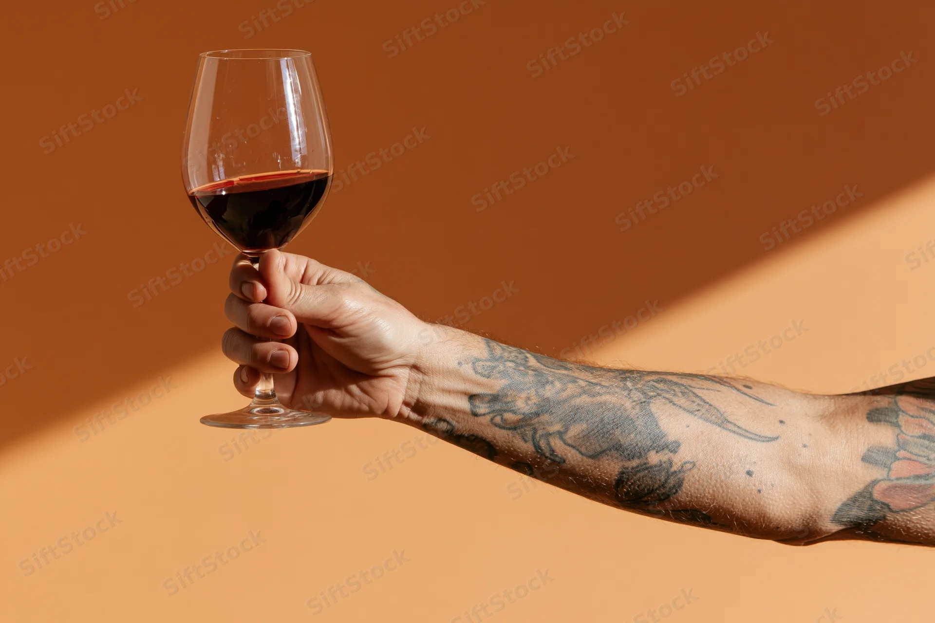 Tattooed arm holding a glass of red wine against a warm terracotta background