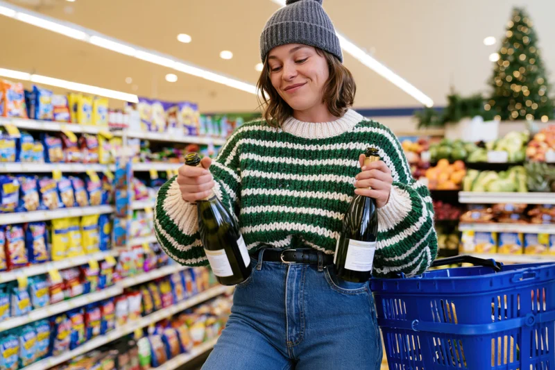 Woman smiling while holding two wine bottles in a grocery store aisle with a blue shopping basket and holiday decorations in the background