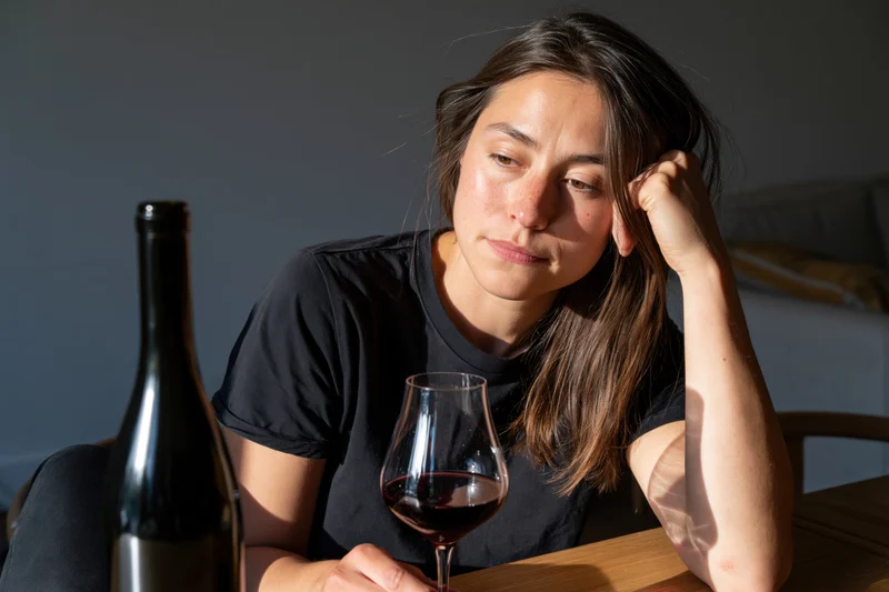 Young woman holding wine glass with bottle on wooden table at home