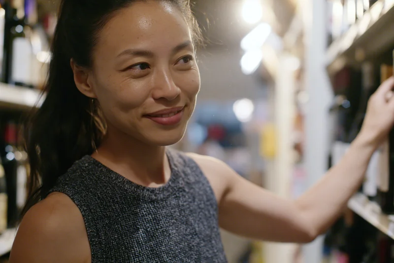 Asian woman smiling while selecting a wine bottle from a store shelf