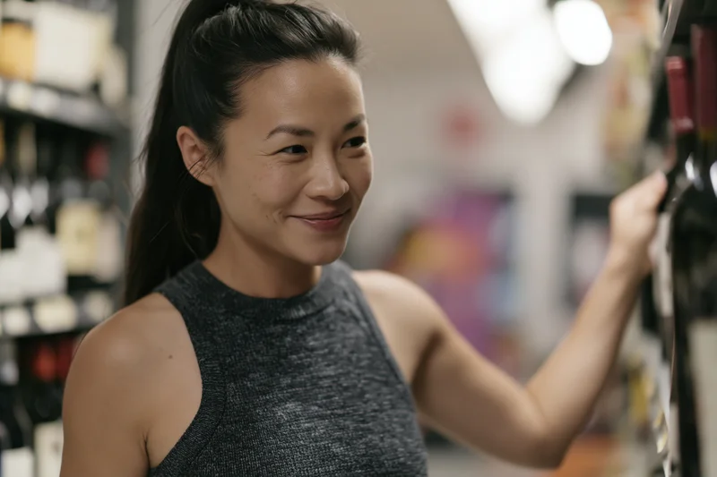 Asian woman smiling while selecting a wine bottle from a store shelf