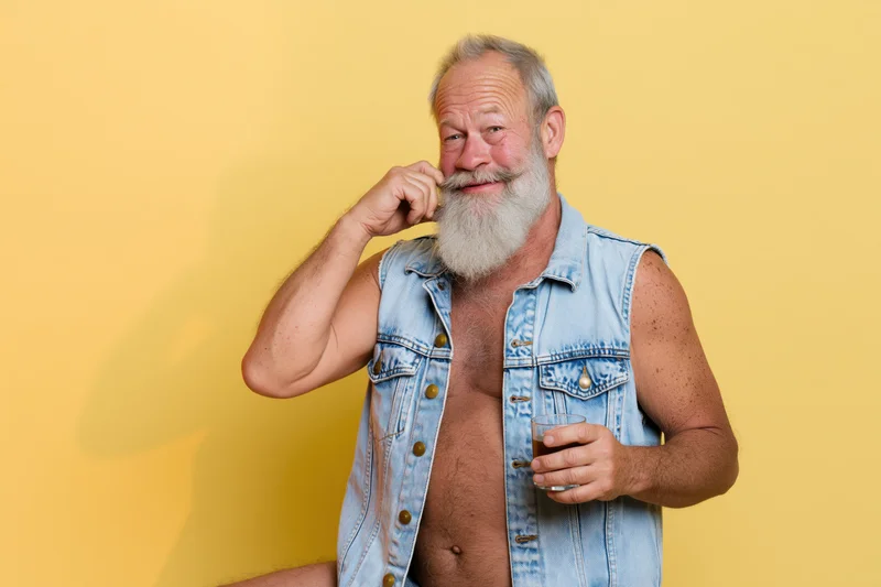 Senior man with gray beard and mustache smiling while holding a glass of beer against yellow background