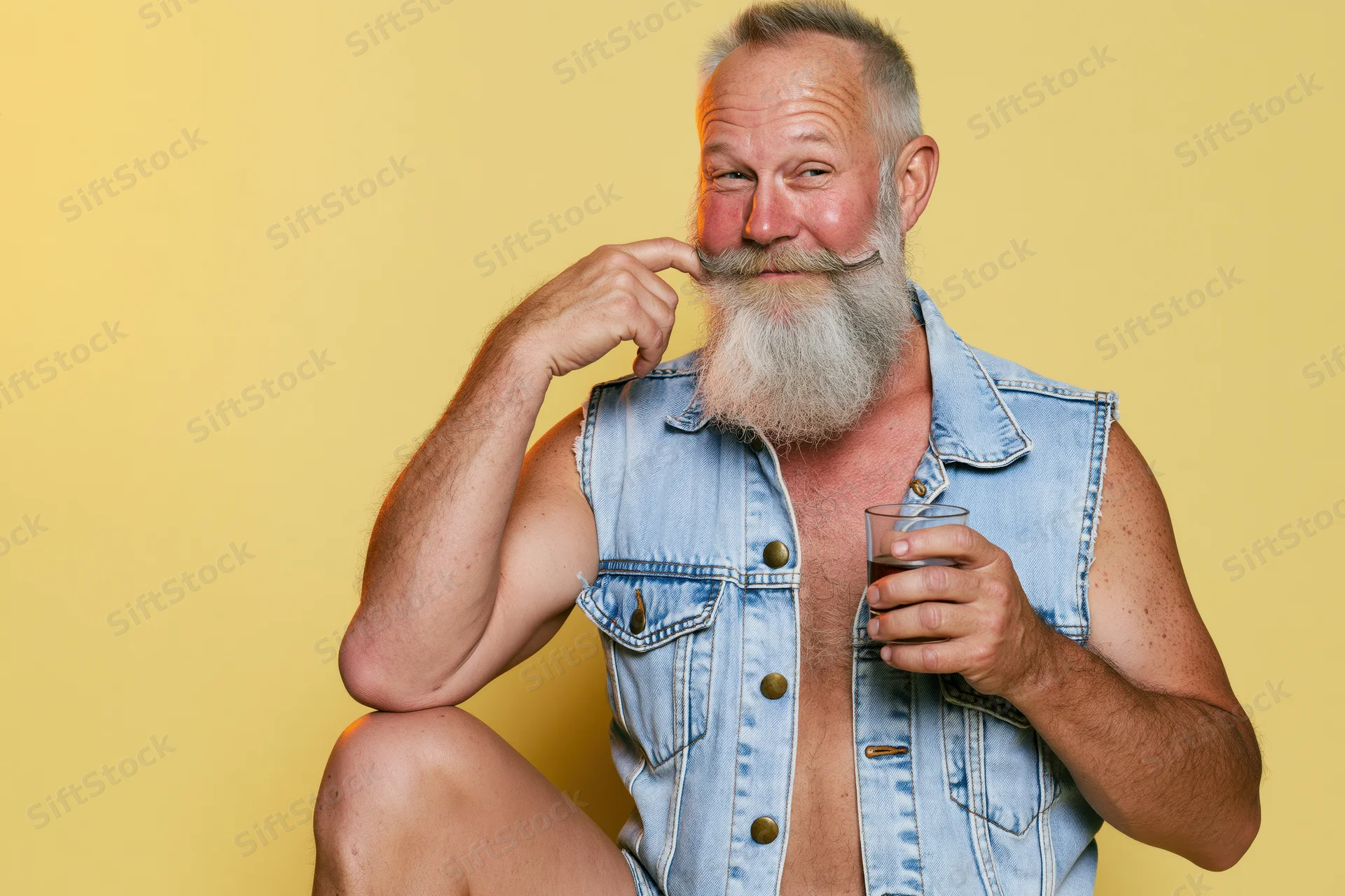Senior man with long gray beard and mustache crouching while holding a glass of whiskey and touching his mustache against a yellow studio background