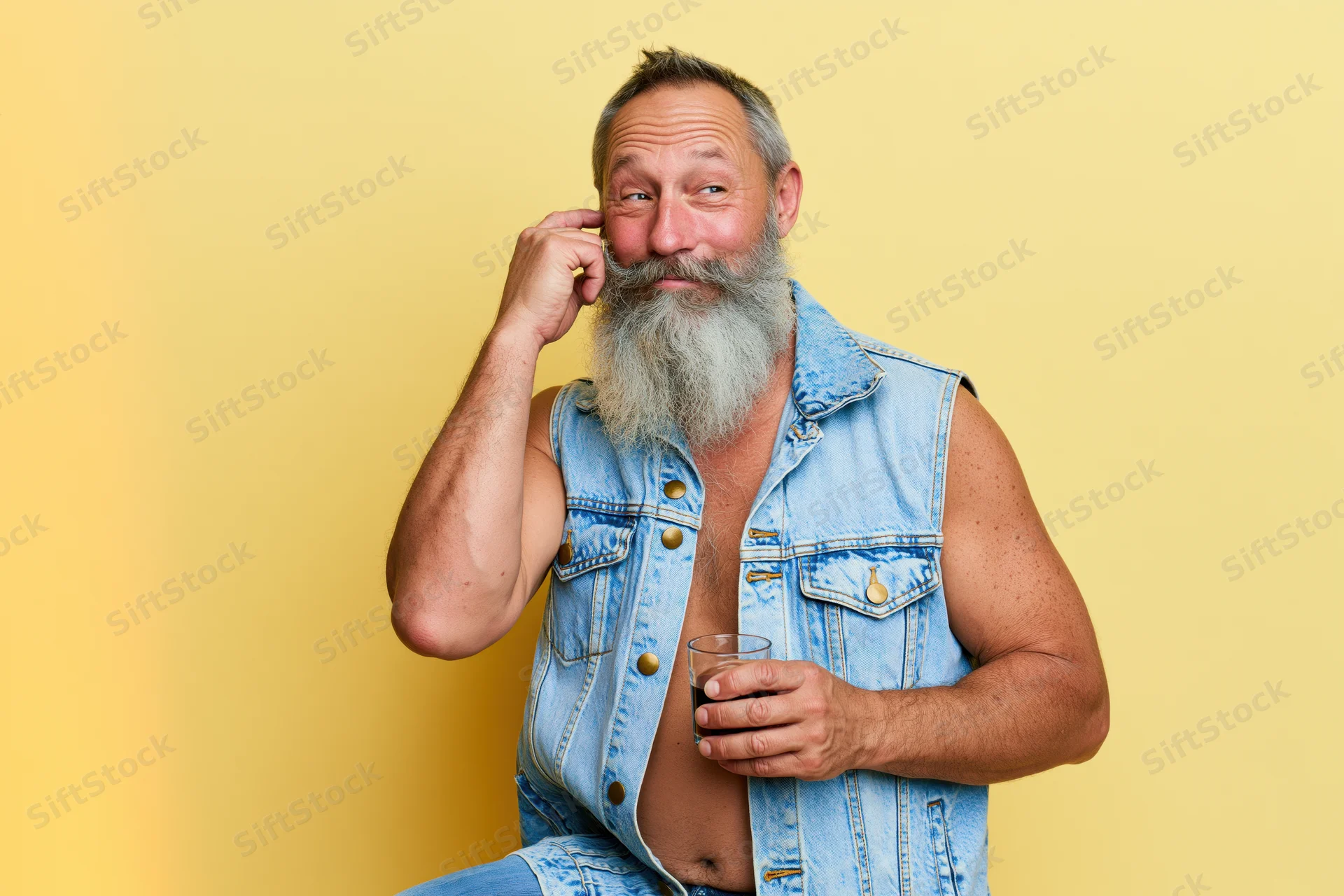 Senior man with long gray beard wearing denim vest holding beer glass, sitting against yellow background