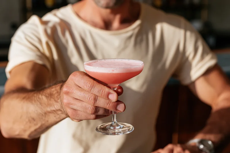 Man holding a pink frothy cocktail in a stemmed glass at a bar