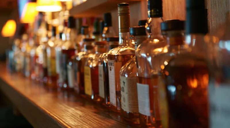 Row of assorted liquor bottles lined on a wooden bar shelf under warm lighting