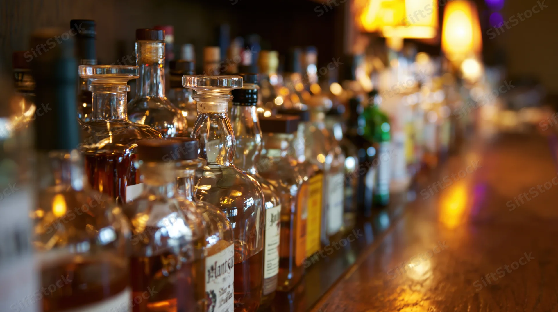 Row of assorted liquor bottles lined along a wooden bar counter under warm dim lighting
