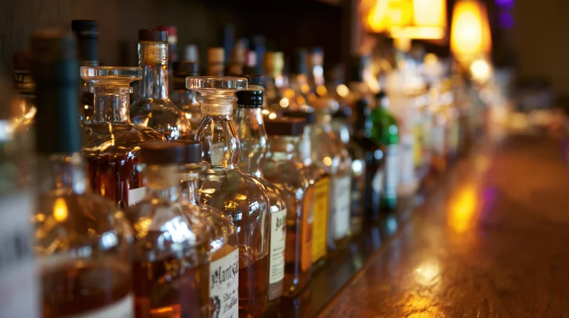 Row of assorted liquor bottles lined along a wooden bar counter under warm dim lighting