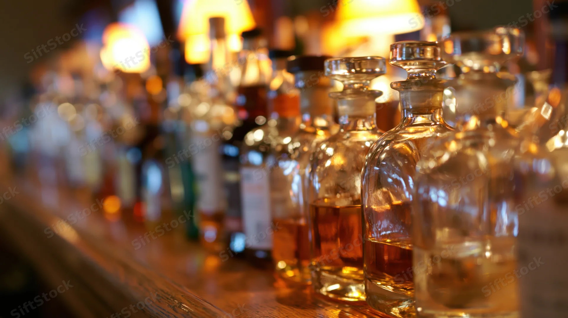 Row of assorted liquor bottles lined on a wooden bar counter under warm ambient lighting
