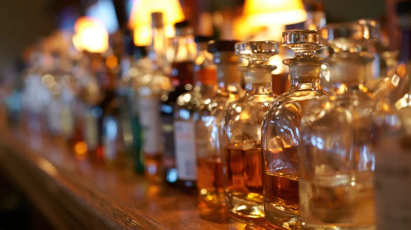 Row of assorted liquor bottles lined on a wooden bar counter under warm ambient lighting