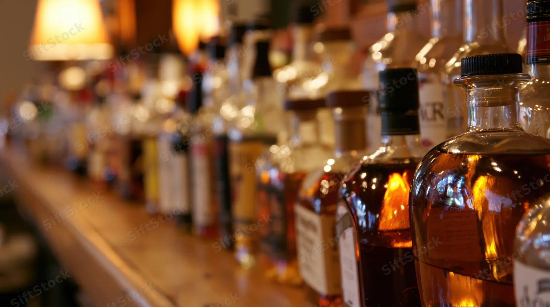 Row of assorted liquor bottles lined on a wooden bar counter under warm lamp lighting