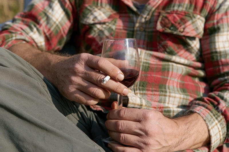 Man holding a glass of red wine and a cigarette while seated outdoors in a plaid shirt