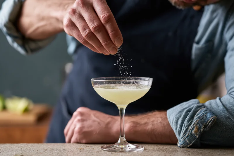 Bartender sprinkling salt on a cocktail glass at a bar counter