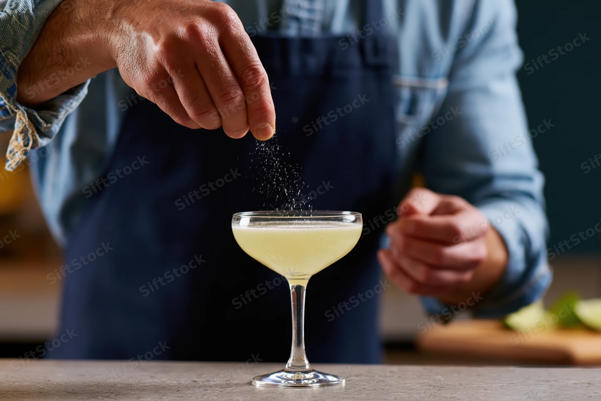 Bartender sprinkling sugar over a cocktail in a glass on a bar counter