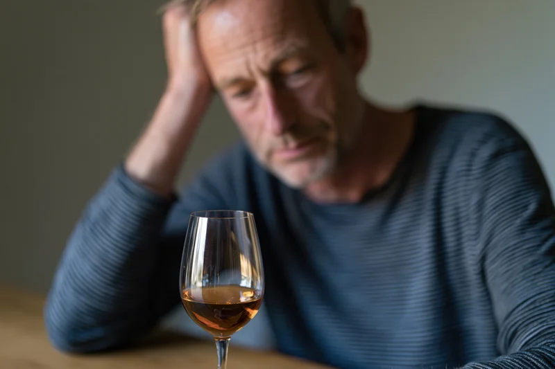 Man resting his head on his hand beside a glass of amber-colored alcohol on a wooden table