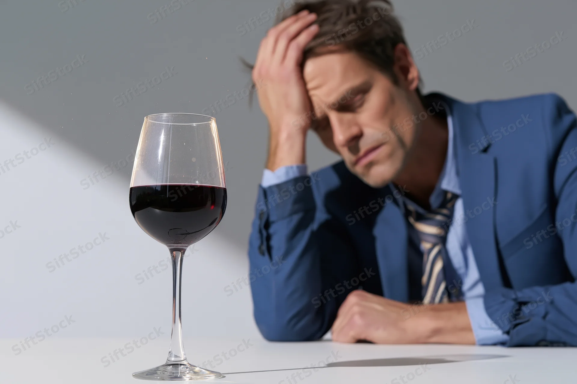 Man in suit resting head on hand beside a glass of red wine on a white table