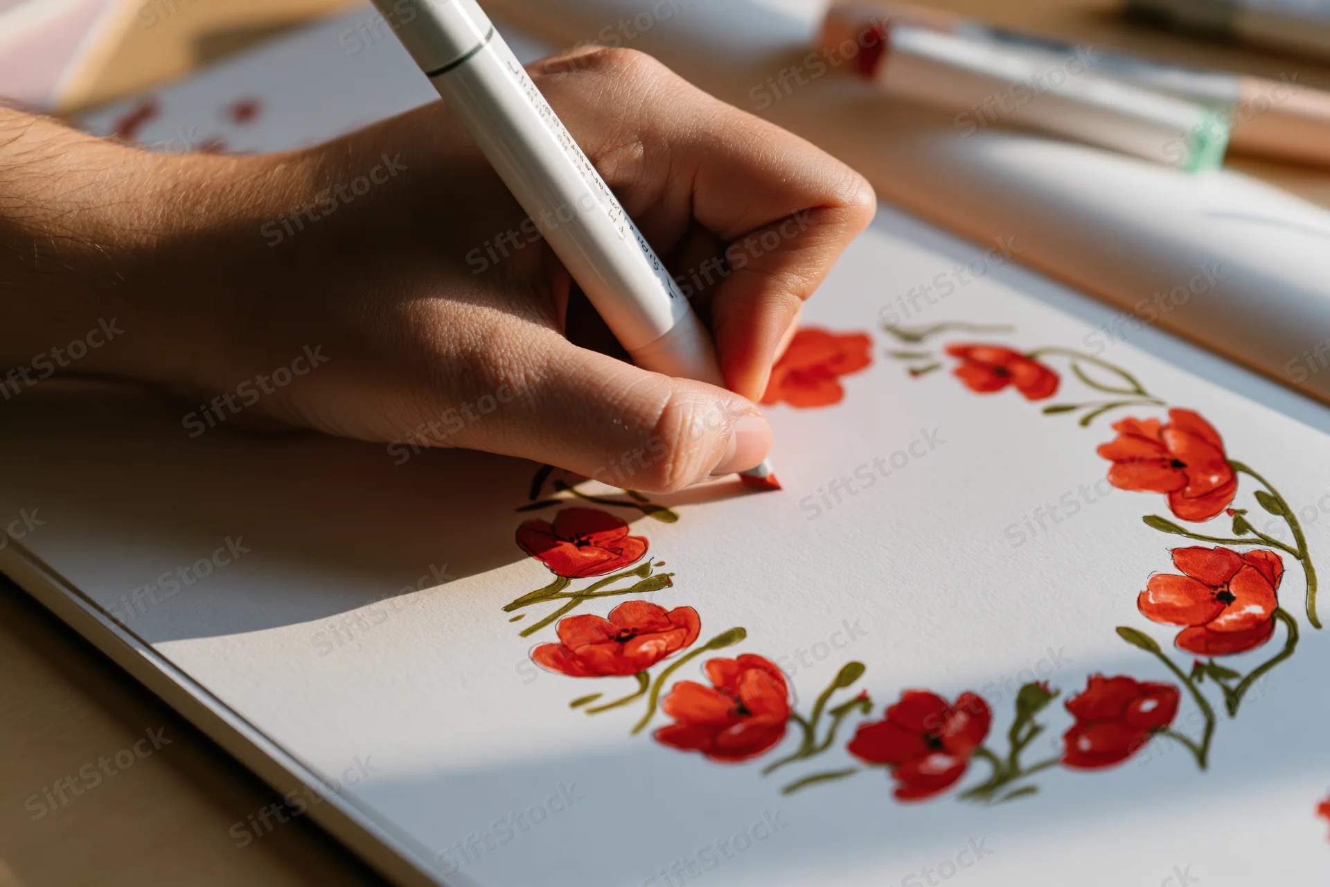 Hand drawing red floral wreath with marker on paper in sunlight