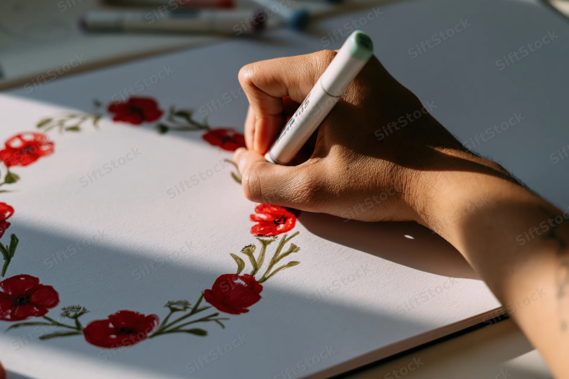 Hand drawing red flowers with a marker on paper in daylight