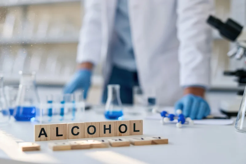 Wooden blocks spelling alcohol on a lab bench with scientist in background handling glassware and molecular model