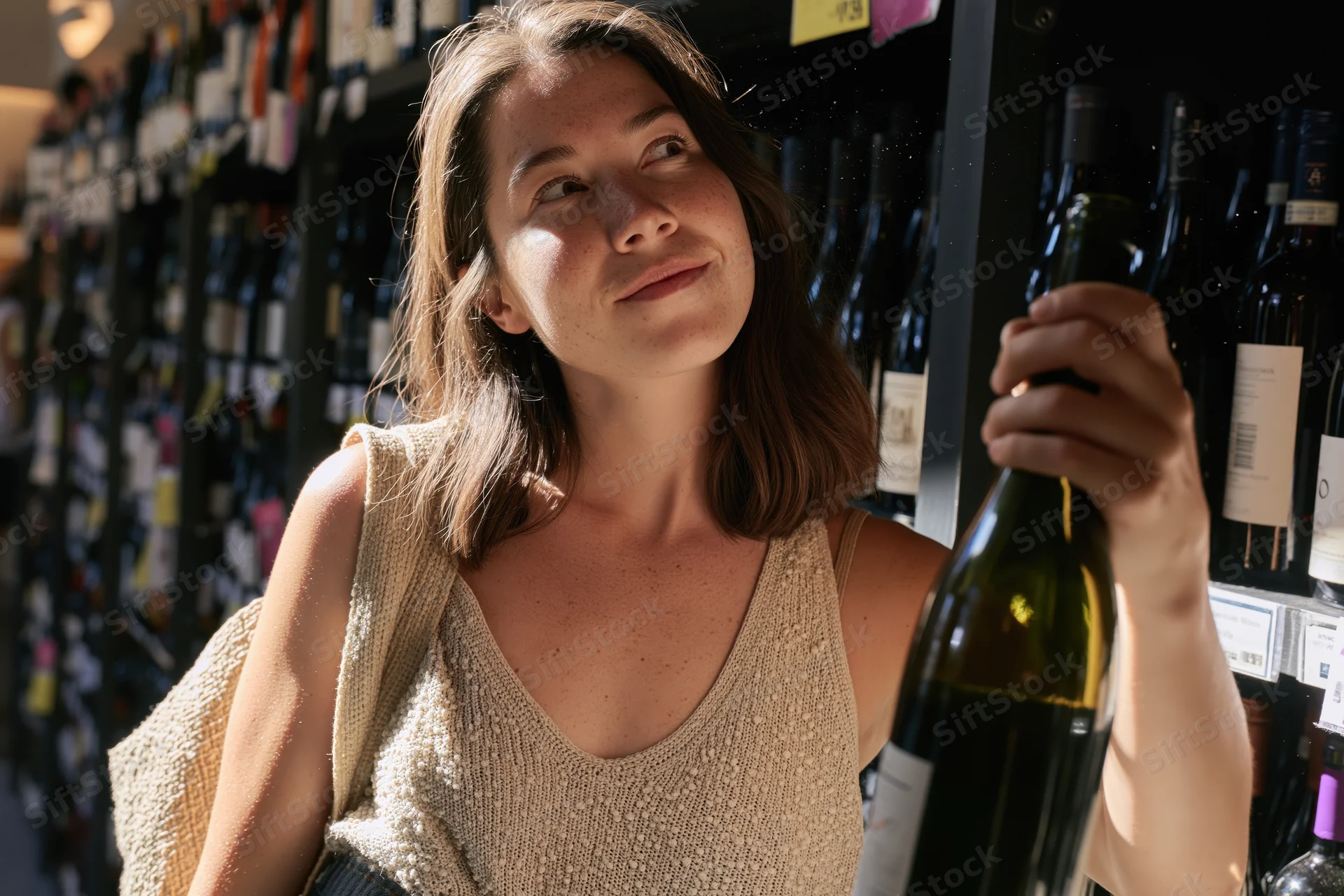 Woman holding a wine bottle while examining labels in a store aisle