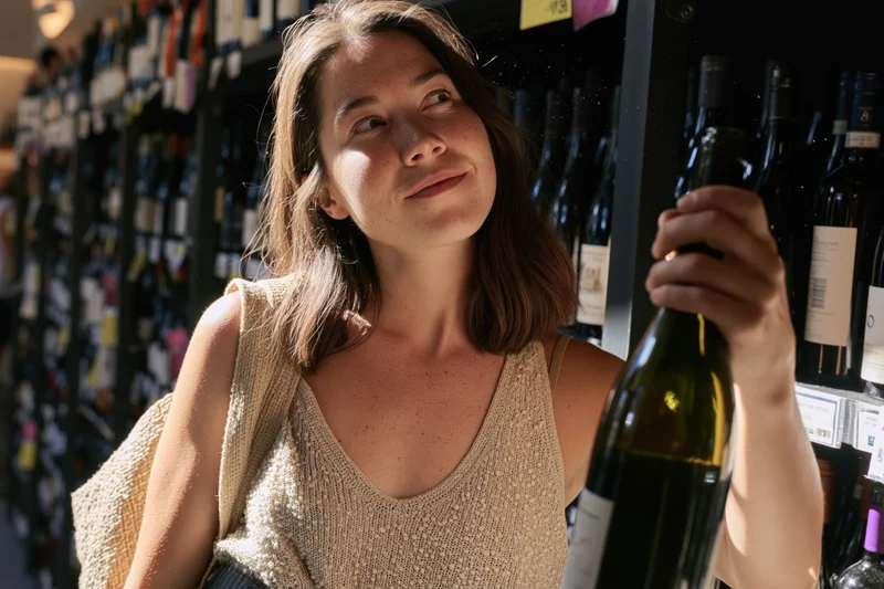 Woman holding a wine bottle while examining labels in a store aisle