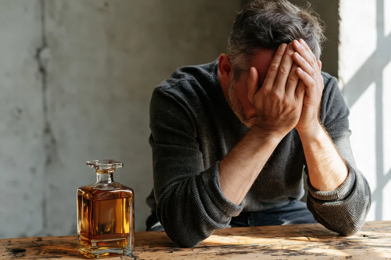 Man with hands over face sitting at wooden table beside whiskey decanter
