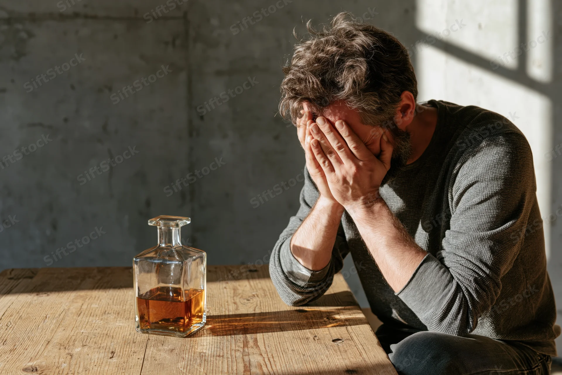Man covering his face with hands at a wooden table beside a whiskey decanter in a sunlit room