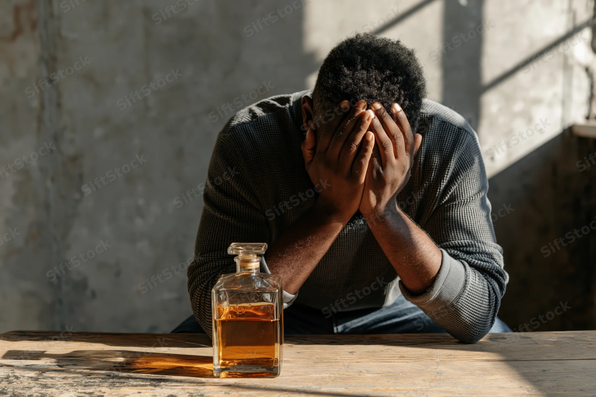 Man with hands over face sitting at wooden table beside whiskey bottle in dimly lit room