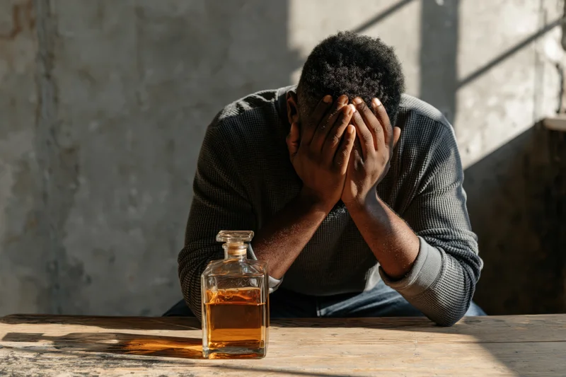 Man with hands over face sitting at wooden table beside whiskey bottle in dimly lit room