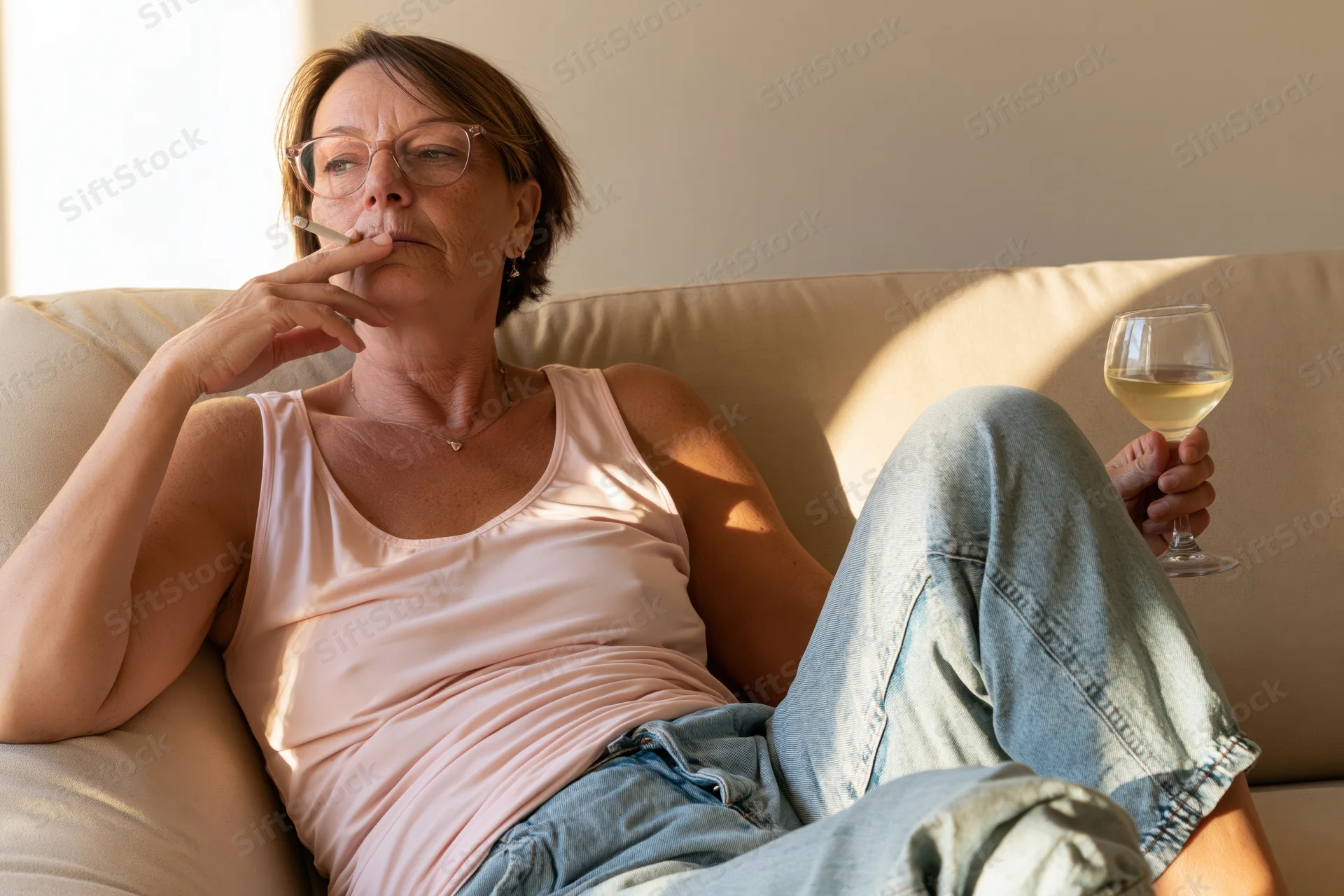 Middle-aged woman reclining on a couch smoking a cigarette and holding a glass of white wine in a sunlit living room