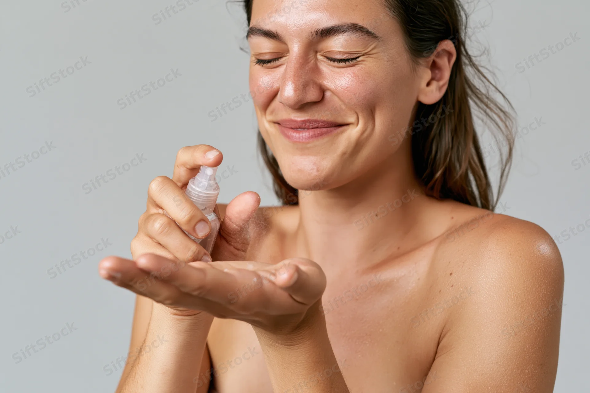 Woman spraying moisturizer into her hand against a gray background
