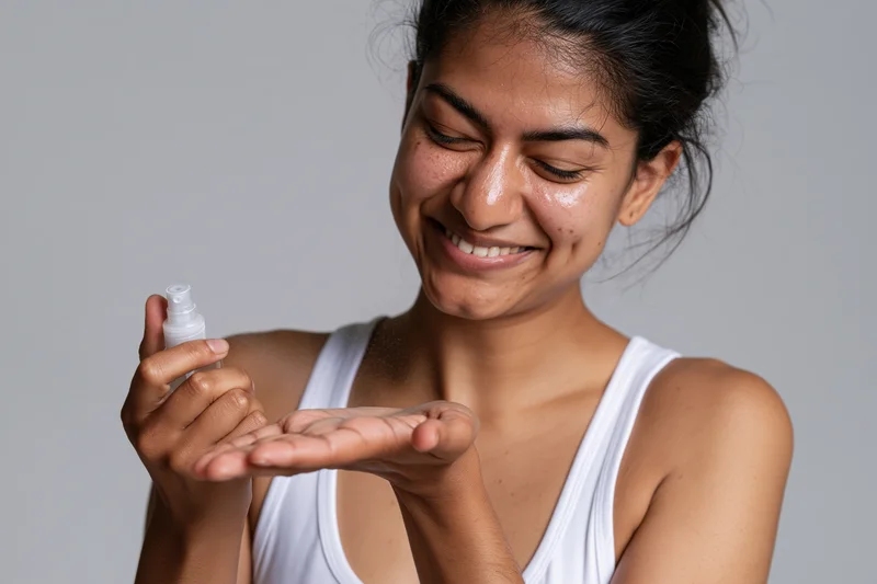Woman smiling while spraying hand sanitizer into her palm against a gray background