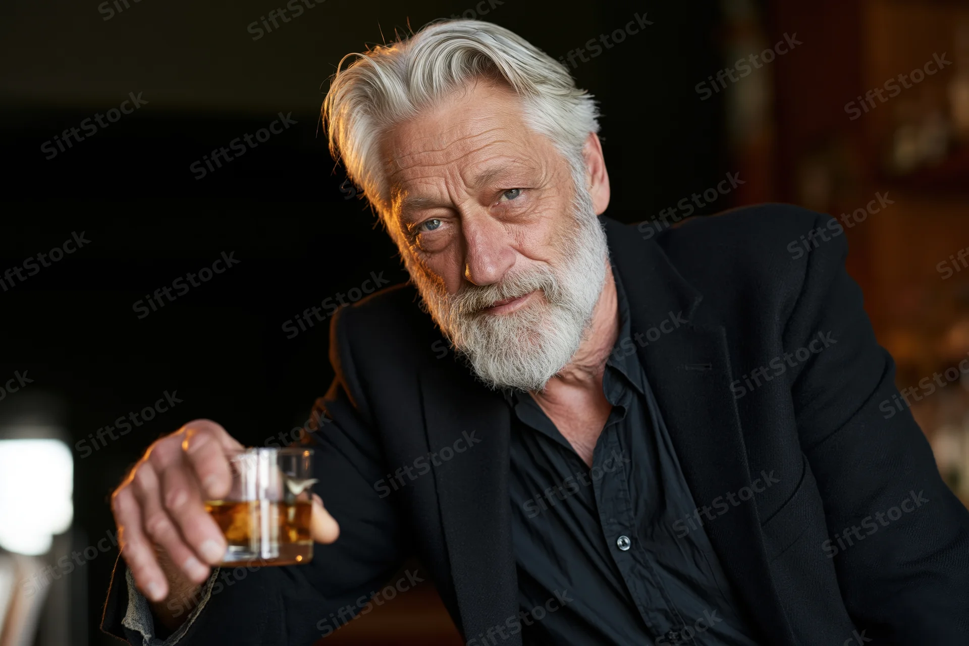 Senior man with silver beard holding a glass of whiskey in a dimly lit lounge