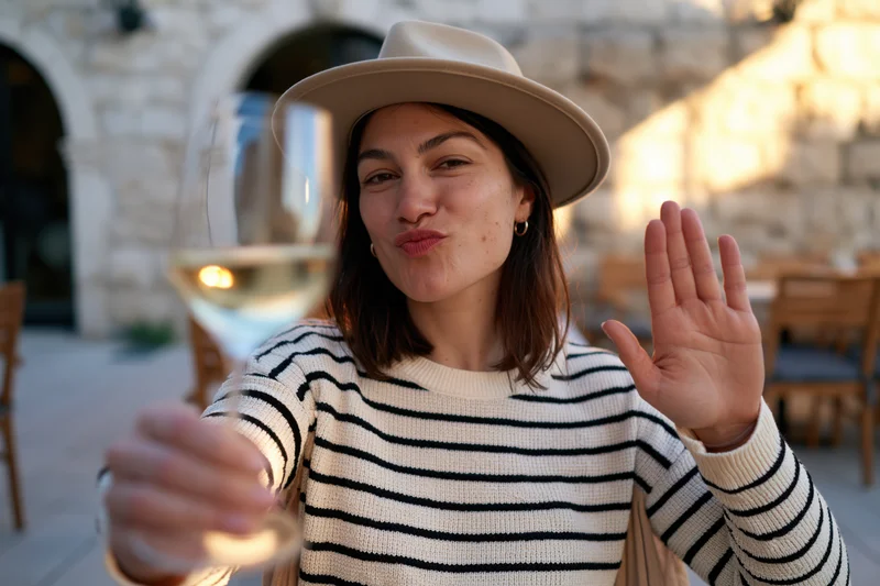 Woman holding wine glass and waving at outdoor cafe patio