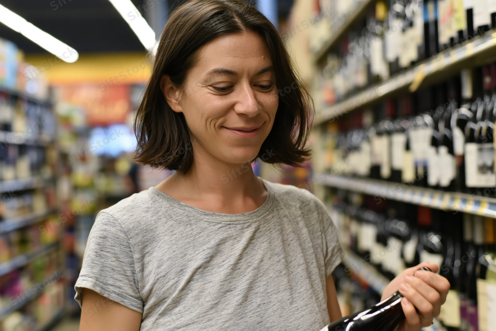 Woman smiling while reading a bottle label in a liquor store aisle