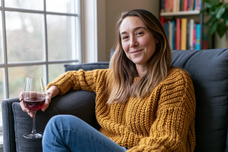 Woman sitting on couch holding wine glass smiling at camera in living room