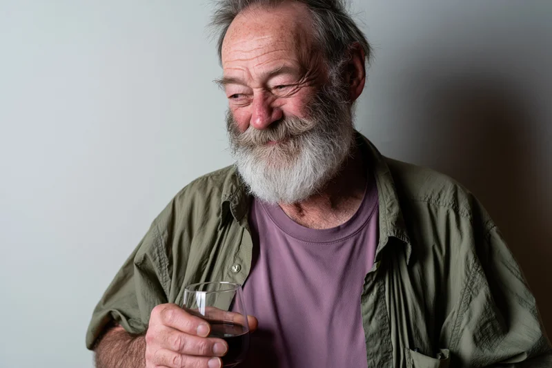 Senior man smiling while holding a glass of red wine indoors
