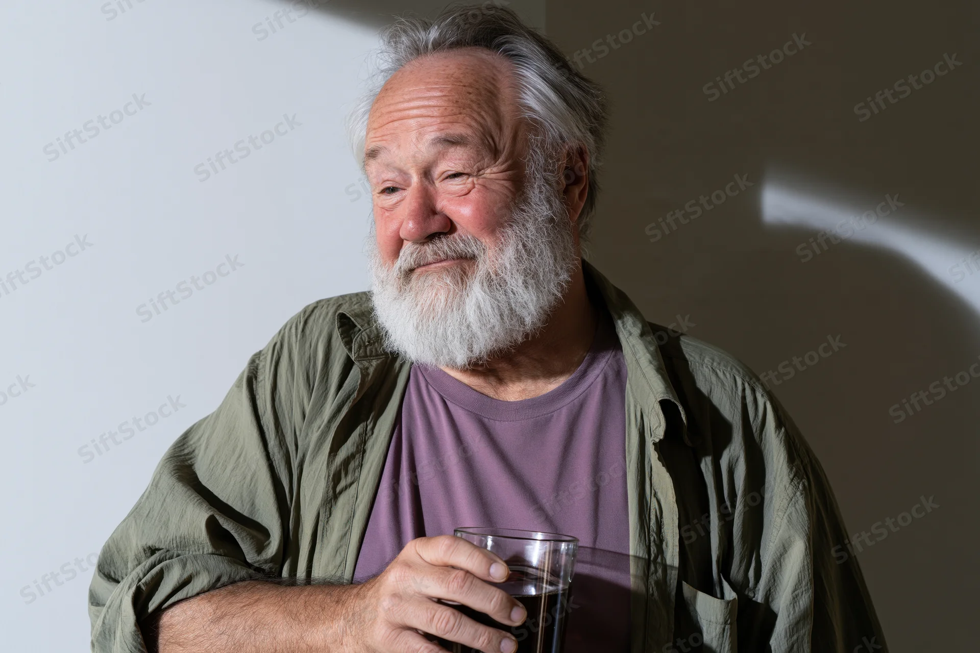 Senior man with white beard smiling while holding a glass of dark soda indoors
