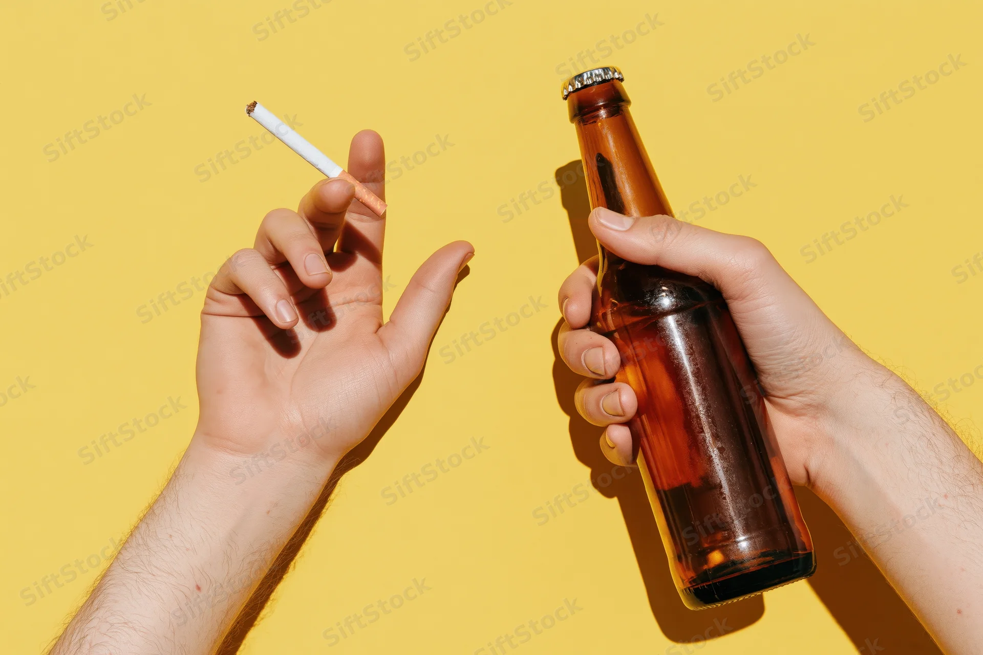 Two hands holding a cigarette and a beer bottle against a yellow background