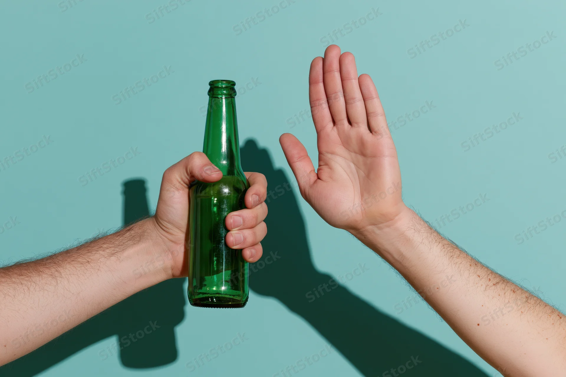 Male hands holding green beer bottle and raising palm in refusal against blue background
