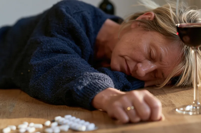 Woman lying unconscious on wooden table with wine glass and scattered pills nearby