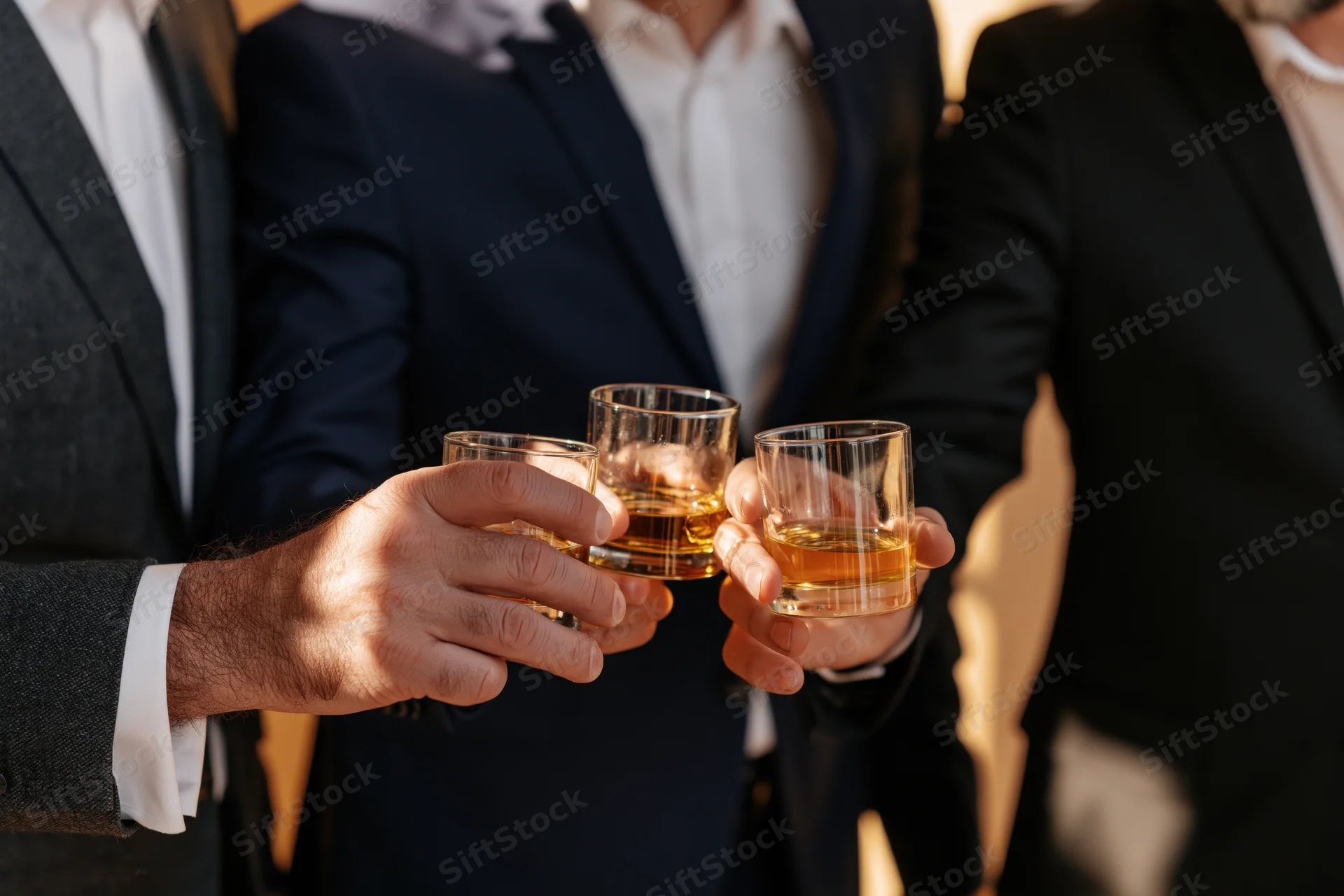 Three men in business suits toasting with whiskey glasses indoors