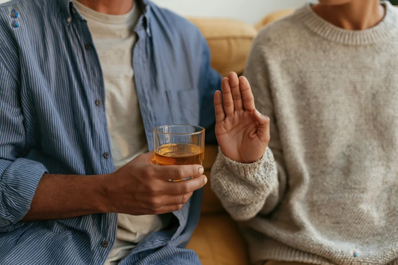 Man holding whiskey glass while woman raises hand in refusal gesture on couch