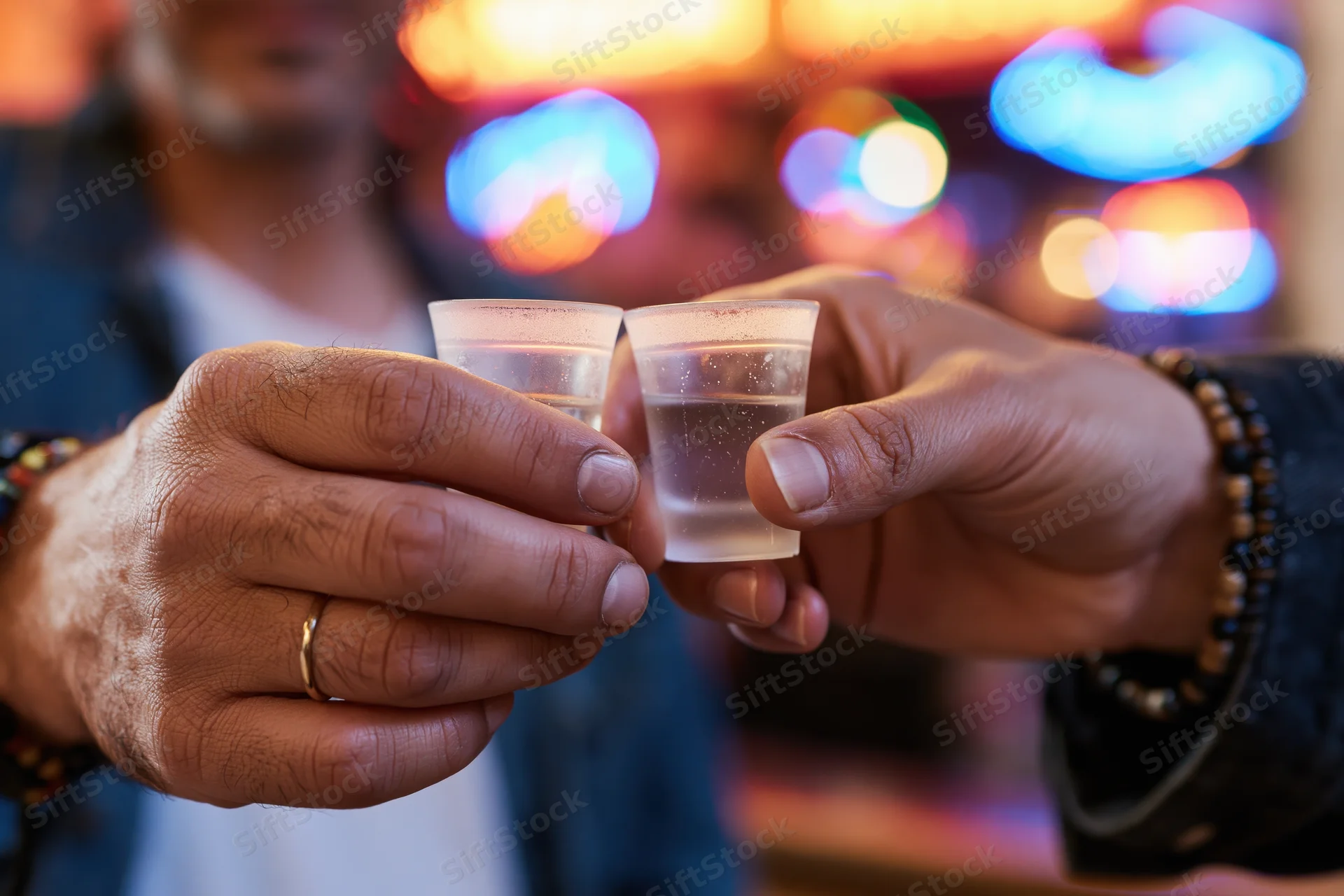 Two hands clinking frosted shot glasses in a toast at a neon-lit bar