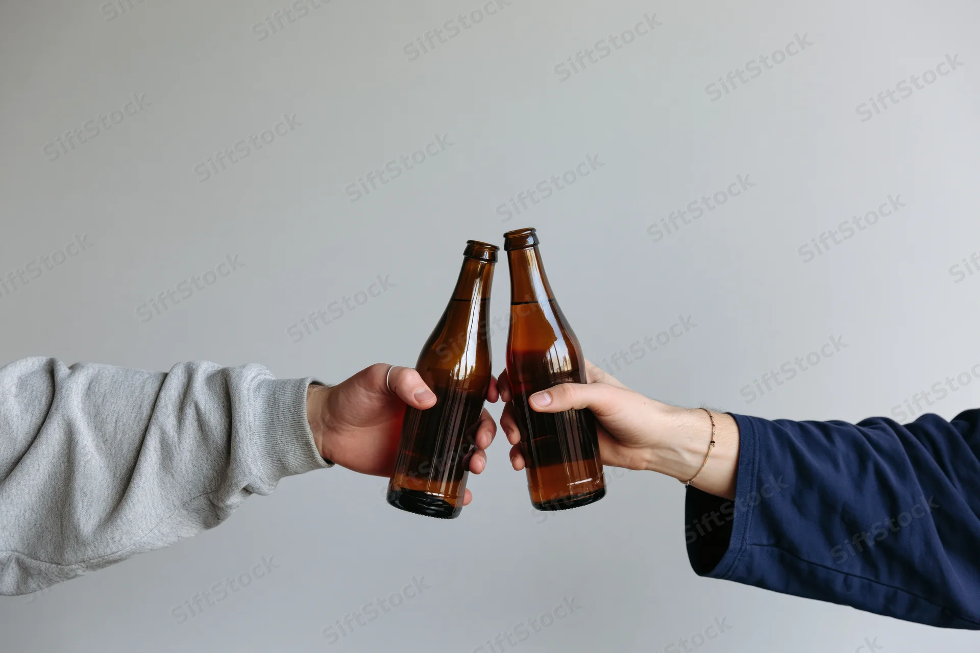 Two people clinking brown glass beer bottles in a close-up shot against a plain background