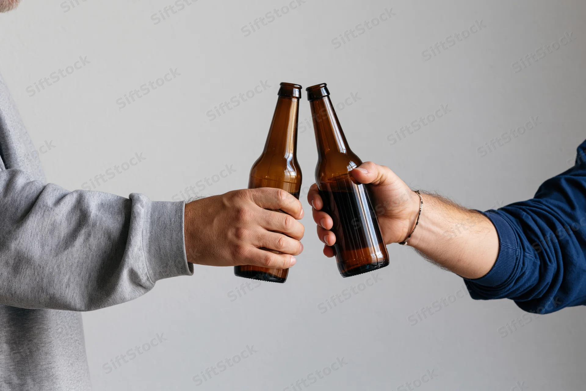 Two men clinking brown glass beer bottles in a toast, close-up view of hands and arms against a plain background