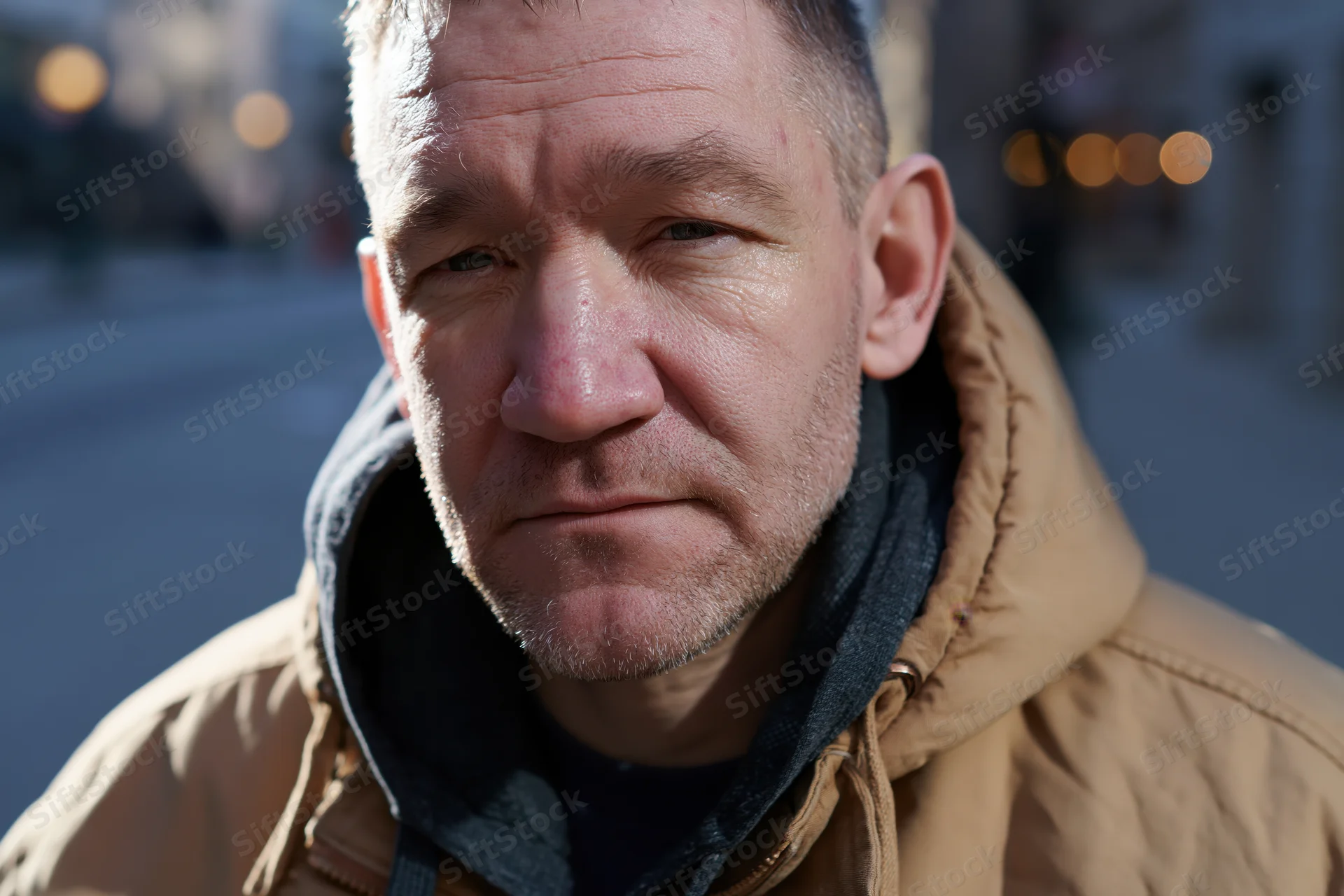 Closeup of a man in a tan hooded jacket outdoors on a city street