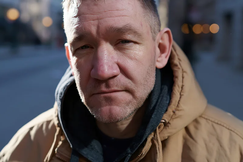 Closeup of a man in a tan hooded jacket outdoors on a city street