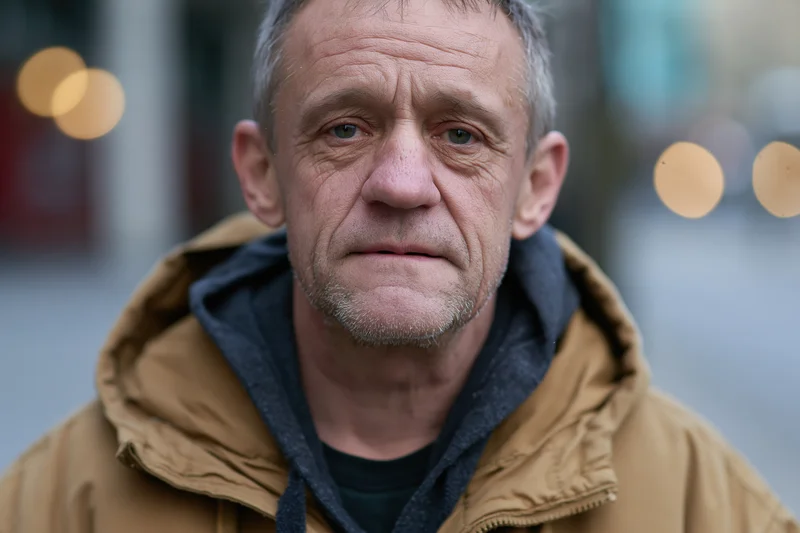Closeup of a man in a tan hooded jacket outdoors with serious expression